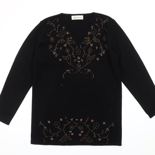 Berkertex Women's Black Embroidered V-Neck Jumper, Size 10-12