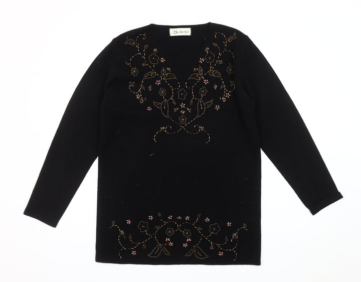 Berkertex Women's Black Embroidered V-Neck Jumper, Size 10-12