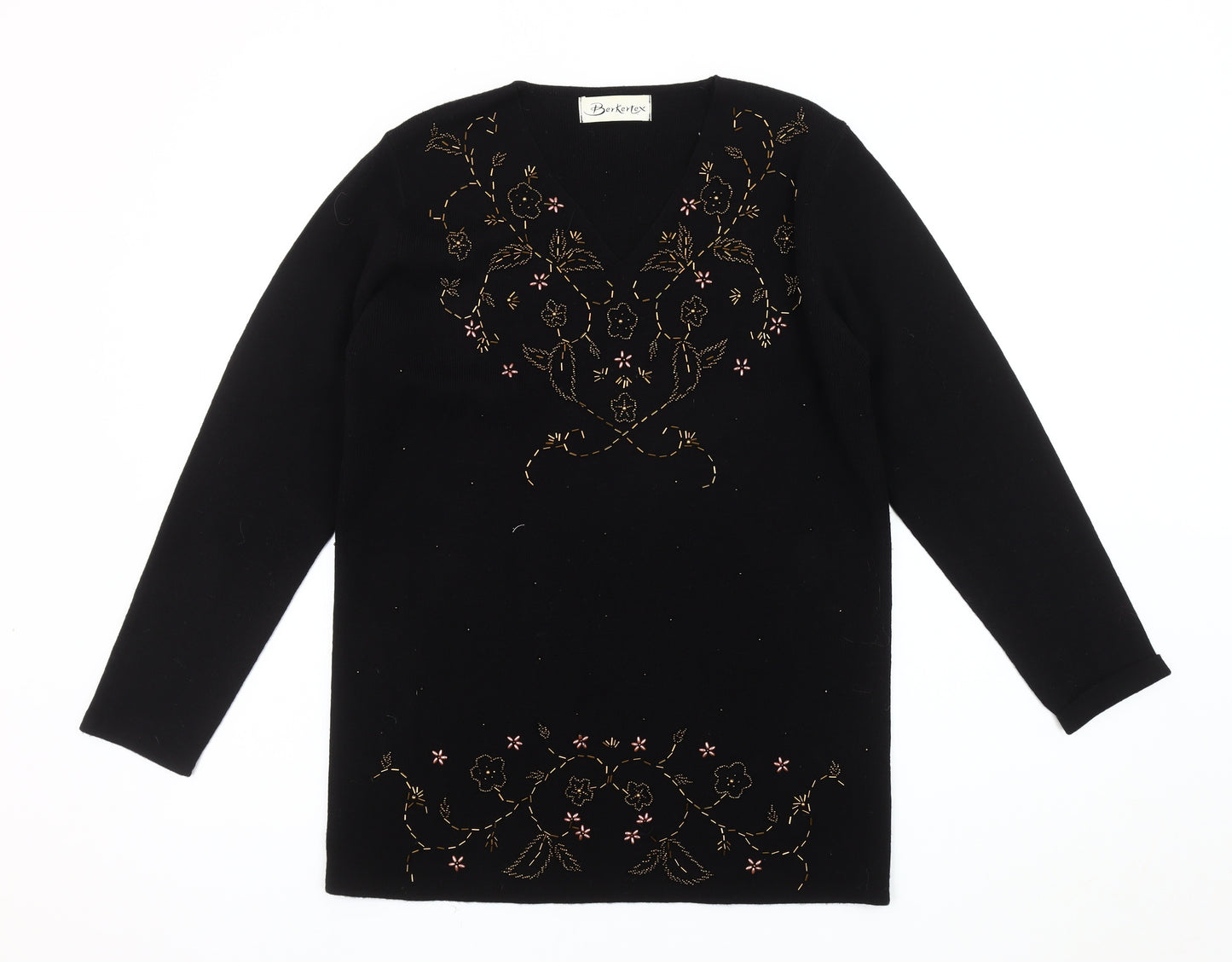 Berkertex Women's Black Embroidered V-Neck Jumper, Size 10-12