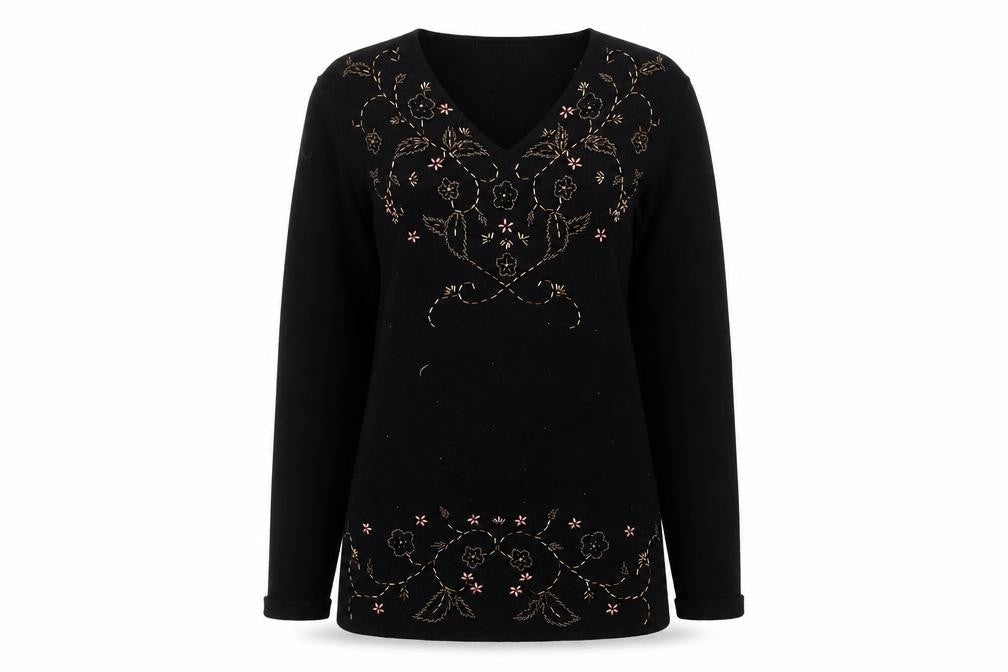 Front view of Berkertex Women's Black Embroidered V-Neck Jumper, size 10-12