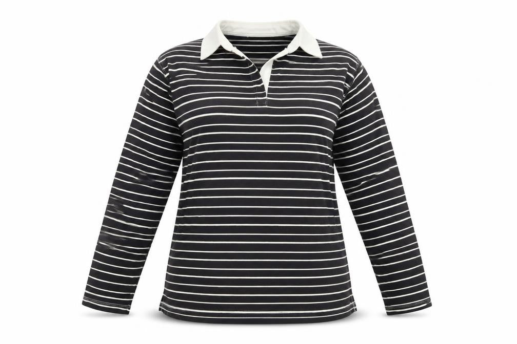 Front view of Bonmarché Women's Black Striped Polo Shirt M