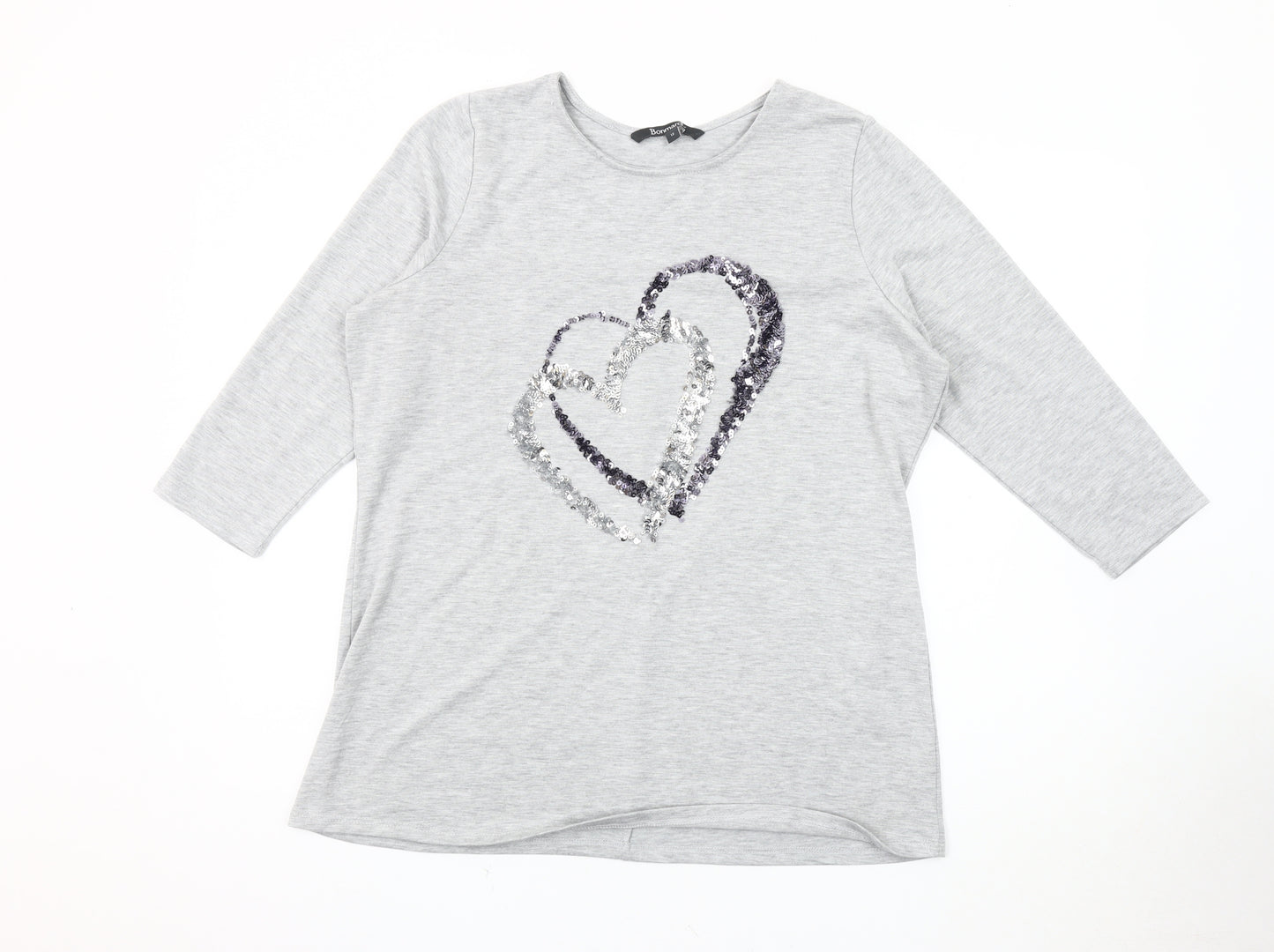 Bonmarché Women's Grey Heart Sequin T-Shirt Size 12