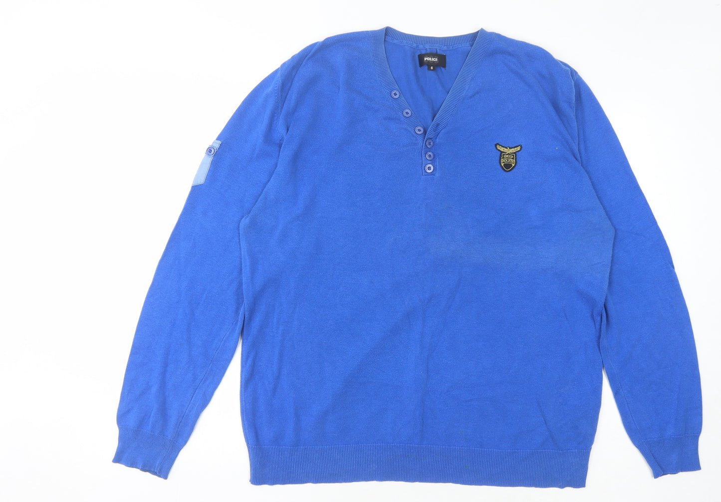 Police Men's Blue Henley Jumper 6XL with Logo Accent