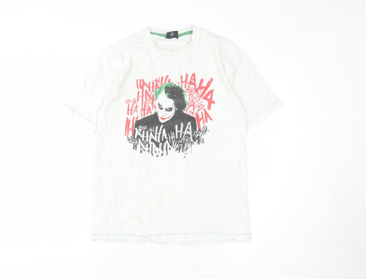 Front view of The Dark Knight unisex white graphic t-shirt, s