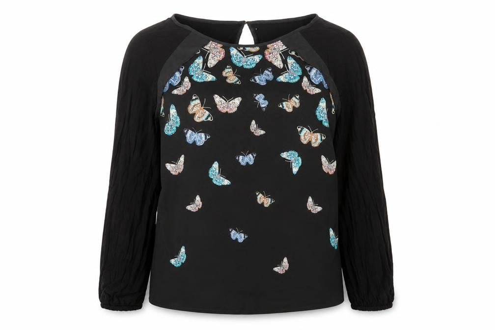 Front view of Oasis Women's Black Butterfly Blouse, size S