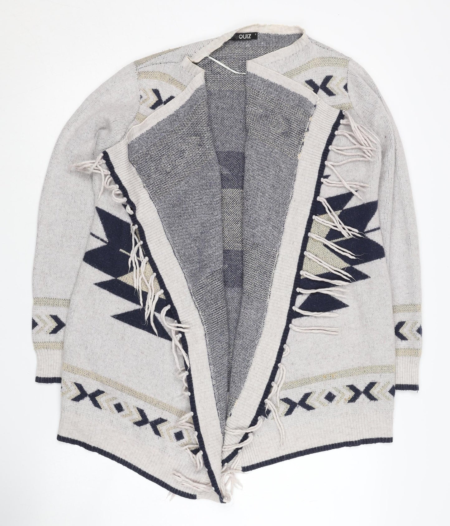 Quiz Women's Grey Aztec Cardigan, Size S, Fringe Detail