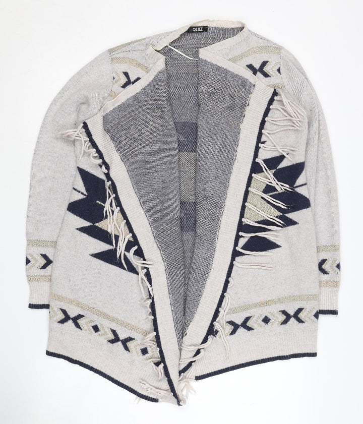 Quiz Women's Grey Aztec Cardigan, Size S, Fringe Detail