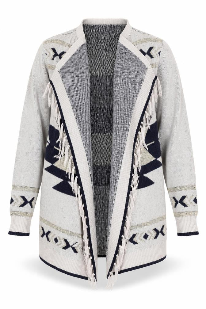 Quiz Women's Grey Aztec Cardigan, Size S, Fringe Detail