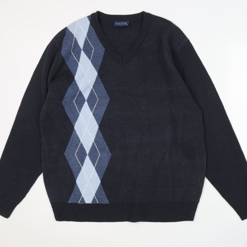 Tootal Men's Blue Argyle V-Neck Pullover Jumper L