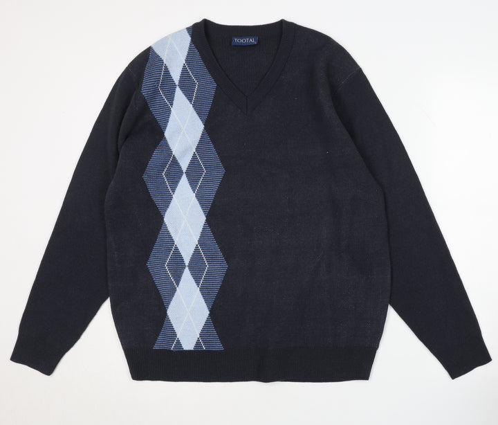 Tootal Men's Blue Argyle V-Neck Pullover Jumper L
