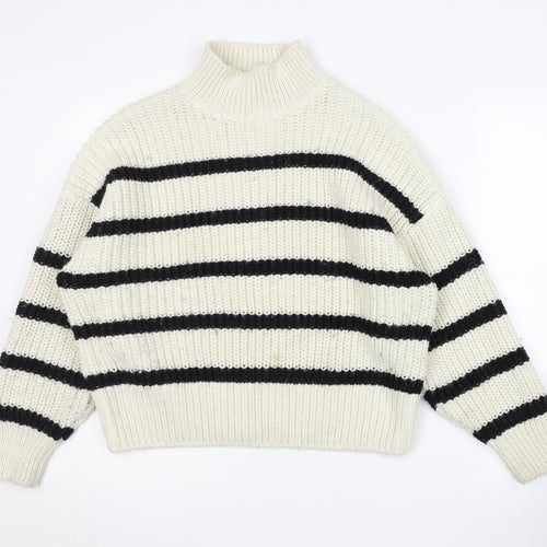 H&M Women's White Black Striped Jumper Mock Neck M