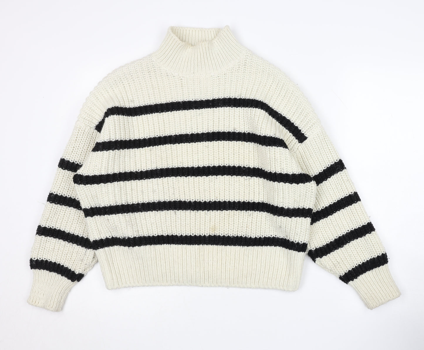 H&M Women's White Black Striped Jumper Mock Neck M