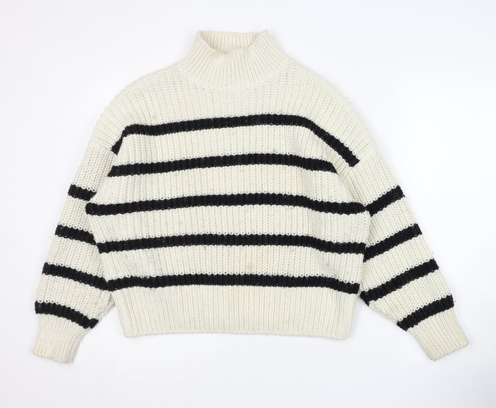H&M Women's White Black Striped Jumper Mock Neck M