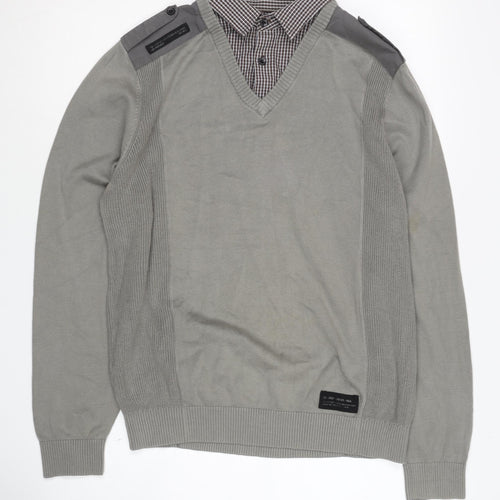 Next Men's Grey V-Neck Jumper, Size M, Button Accent