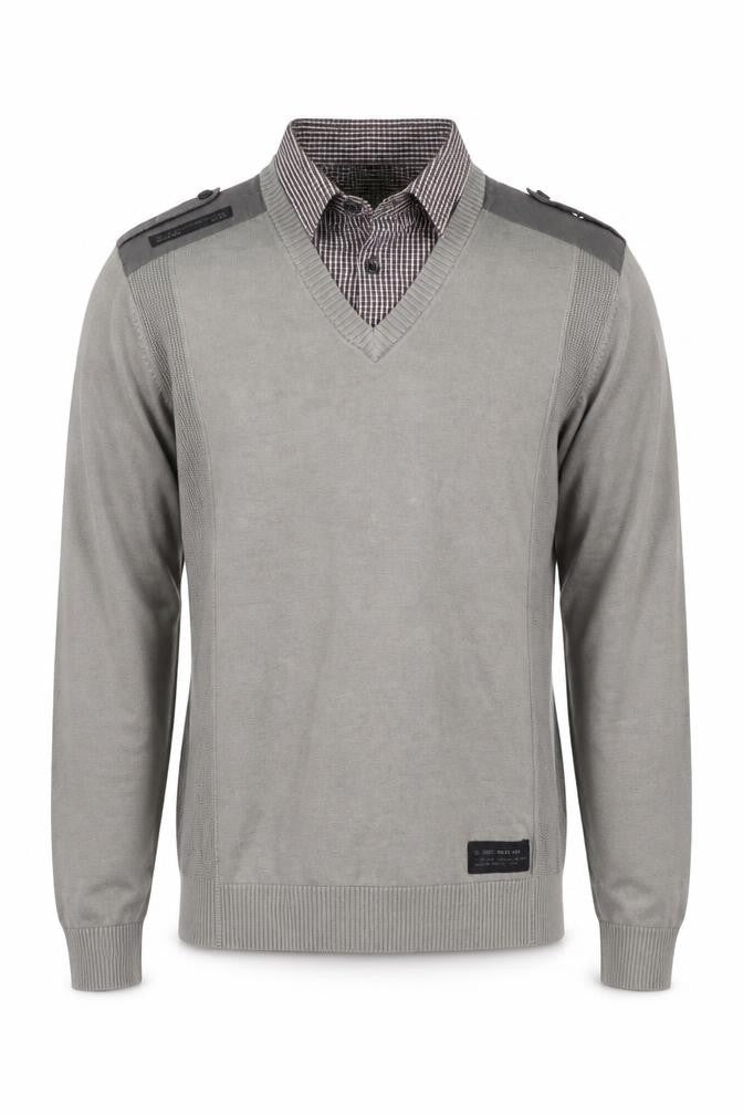 Front view of Next Men's Grey V-Neck Jumper, size M, Button Accent