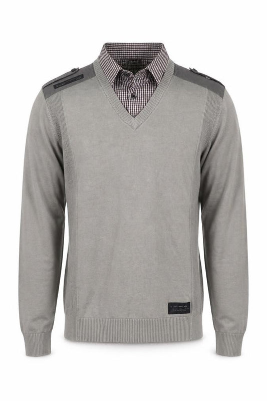 Front view of Next Men's Grey V-Neck Jumper, size M, Button Accent