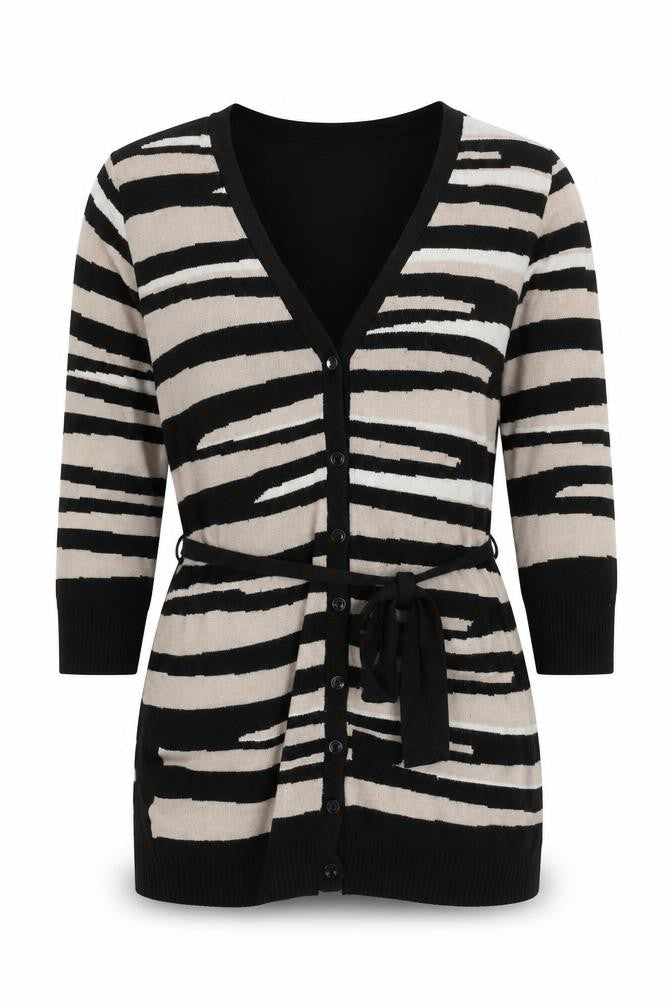 Front view of Linea Women's Black Beige Cardigan M, Viscose Acrylic Blend