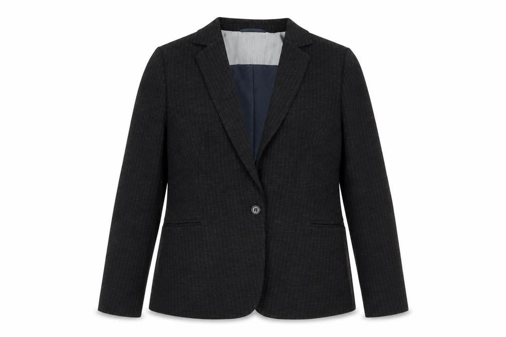Front view of ESPRIT Women's Black Pinstripe Blazer, size 18