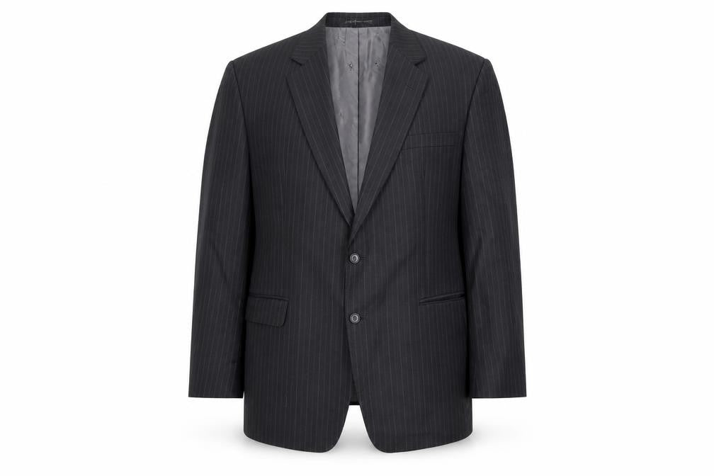 Front view of DAKS Men's Grey Wool Blazer, size 44R, Striped, Formal