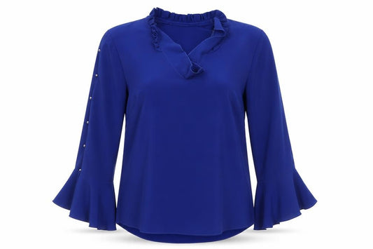 Front view of Damselfly Women Blue Bell Sleeve Blouse, size 12