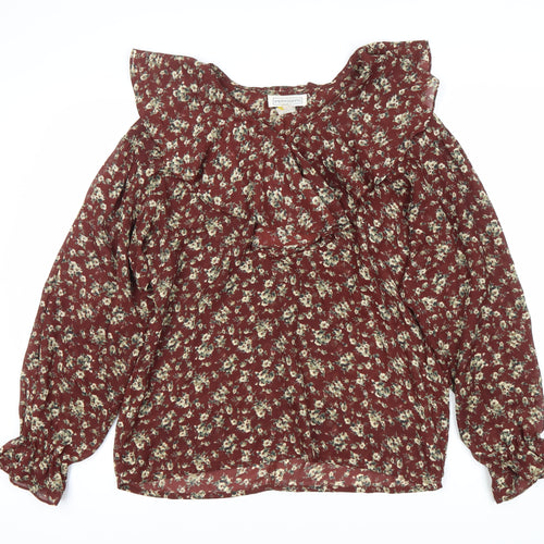 Impressions Women's Red Floral Blouse, Size 12, Ruffle Accent