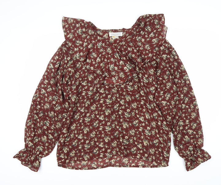 Impressions Women's Red Floral Blouse, Size 12, Ruffle Accent