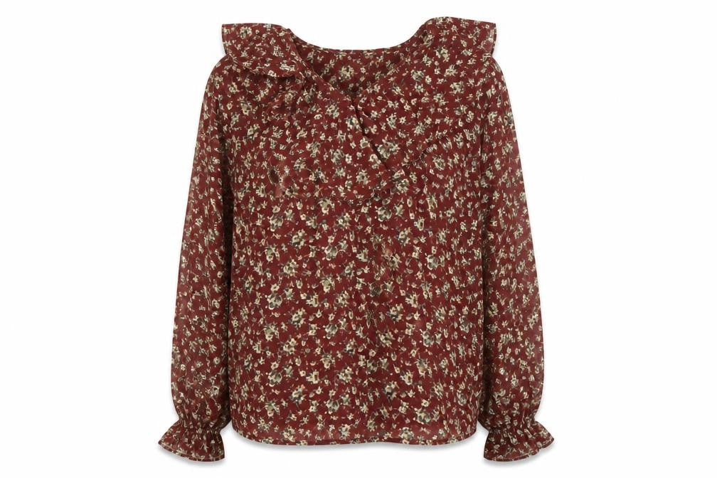 Front view of Impressions Women's Red Floral Blouse, size 12, Ruffle Accent
