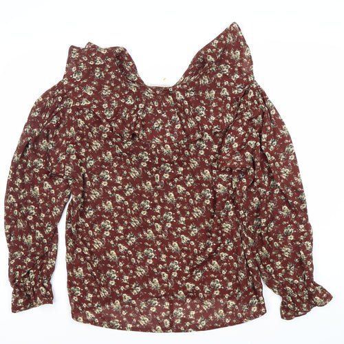 Impressions Women's Red Floral Blouse, Size 12, Ruffle Accent