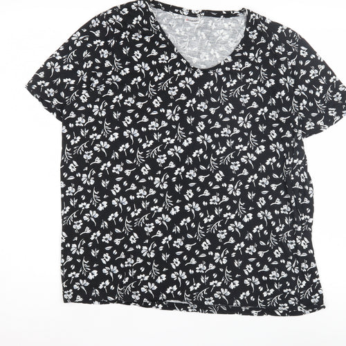 Damart Women's Black Floral V-Neck T-Shirt L