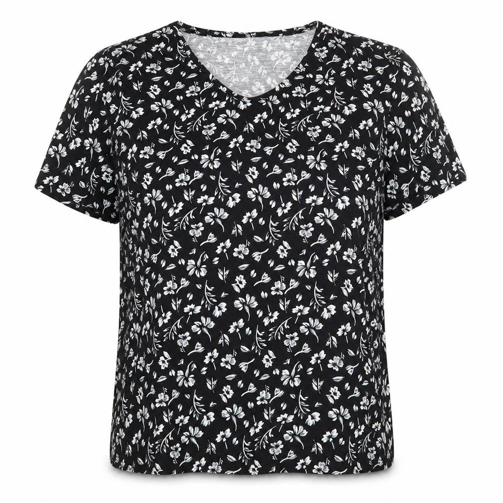 Damart Women's Black Floral V-Neck T-Shirt L