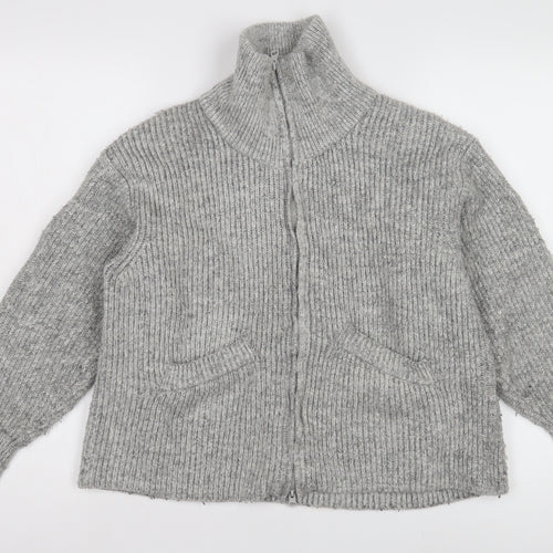 Pull&Bear Women's Grey Full Zip High Neck Jumper XS