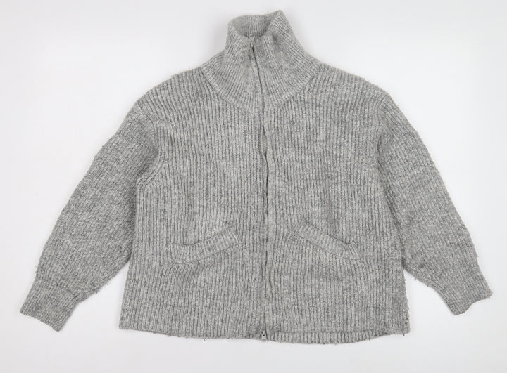 Pull&Bear Women's Grey Full Zip High Neck Jumper XS