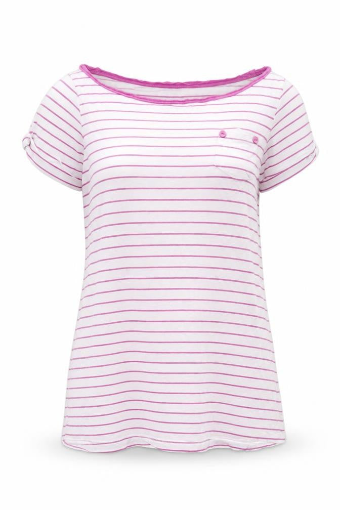 Front view of Mango Basics Women's White Pink Striped T-Shirt M