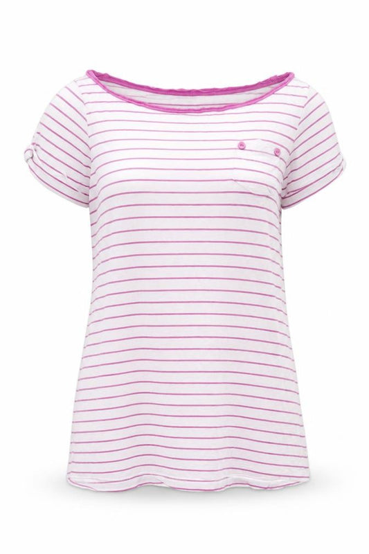 Front view of Mango Basics Women's White Pink Striped T-Shirt M