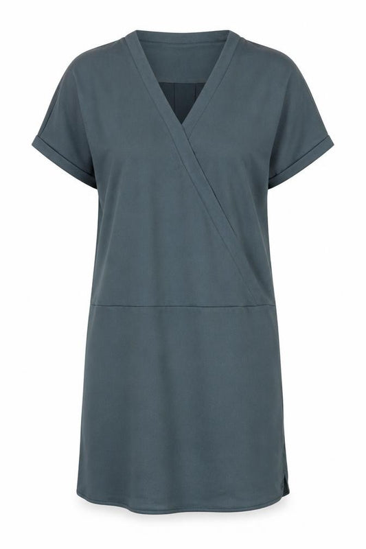Front view of Moss Copenhagen Blue V-Neck Women's Dress, size M