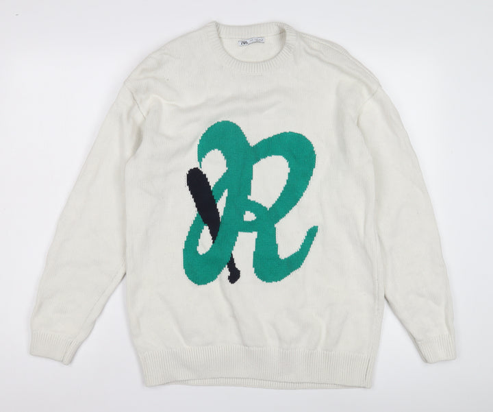 Zara Women's White Cotton Pullover Jumper Size 12