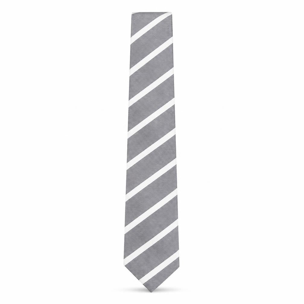 Front view of Tom English Men's Grey Striped Slim Tie One Size