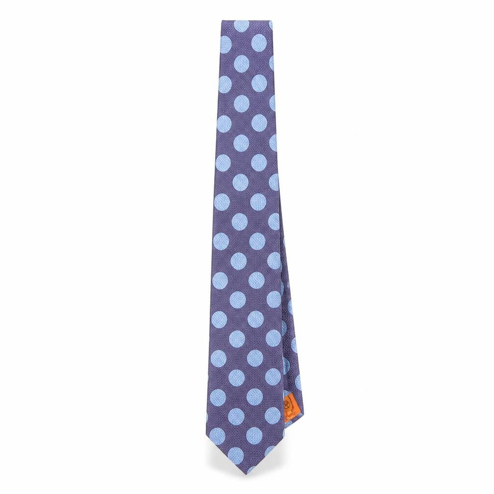 Front view of Simon Carter Men's Blue Polka Dot Silk Tie