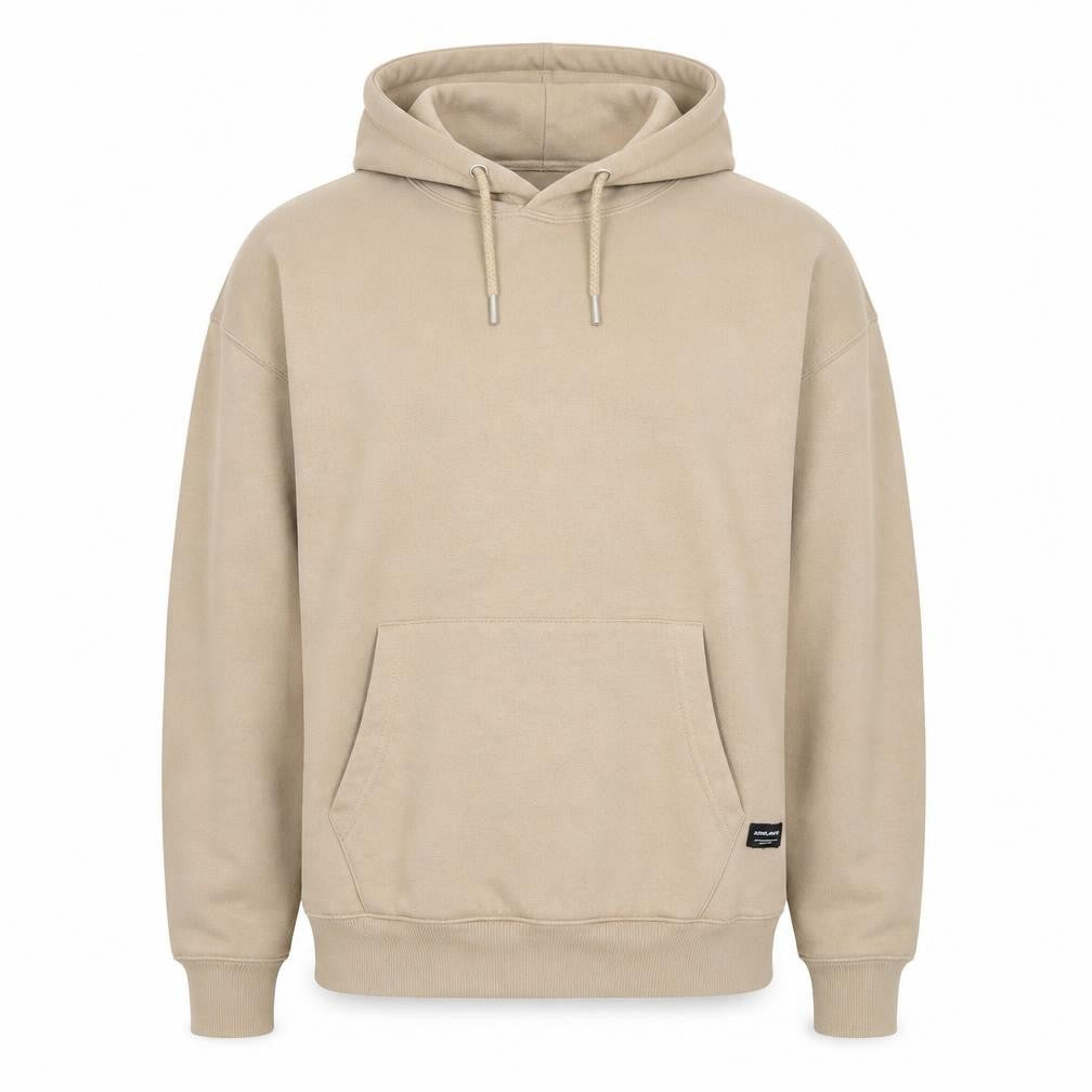 Front view of Jack & Jones Men’s Beige Pullover Hoodie, size M