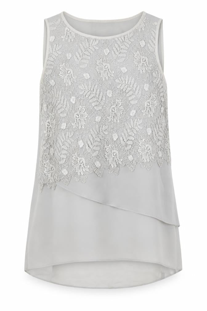 Front view of Mint Velvet Women's Grey Hi-Low Lace Shift Dress