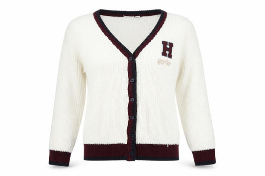 Front view of Harry Potter girls’ white cardigan, 12-13 years, embroidered v-neck
