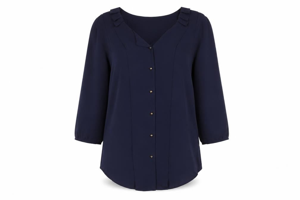 Front view of Marks & Spencer Women's Navy Blouse, UK 8, Button Accents