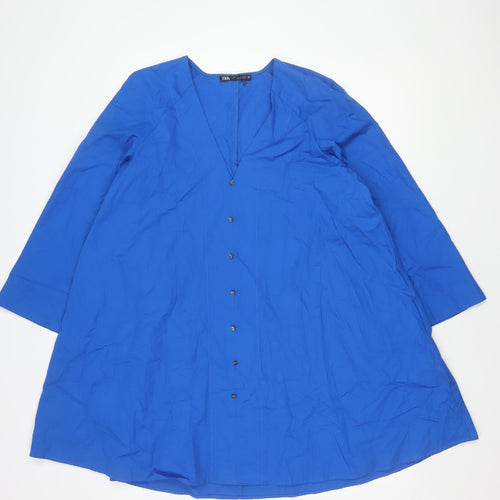 Zara Women's Blue Cotton V-Neck Shirt Dress