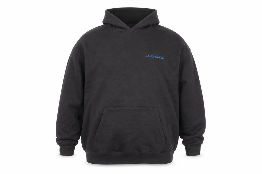 Front view of Couture unisex black pullover hoodie, 4 plus, urban style
