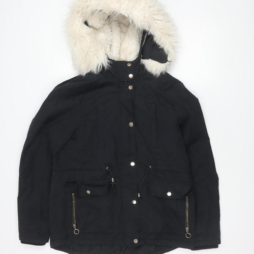 Topshop Women's Black Parka Jacket Size 12 Hooded Fur Trim