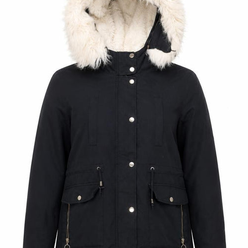 Topshop Women's Black Parka Jacket Size 12 Hooded Fur Trim