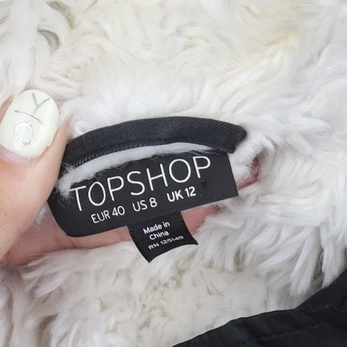 Topshop Women's Black Parka Jacket Size 12 Hooded Fur Trim