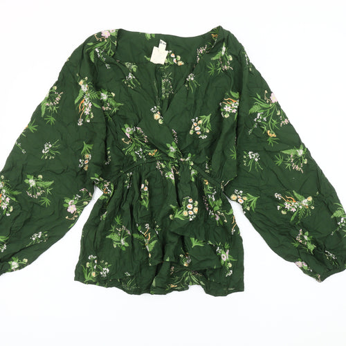 River Island Women's Green Floral Balloon Sleeve Blouse