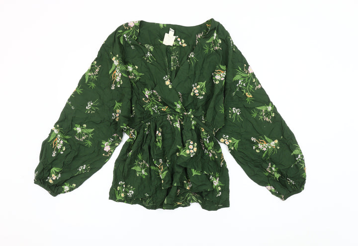 River Island Women's Green Floral Balloon Sleeve Blouse