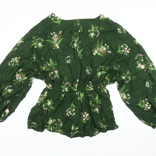 River Island Women's Green Floral Balloon Sleeve Blouse